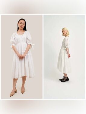 Eliza Faulkner Free People Jolen White Eyelet Dress‎ Midi Puff Sleeve Small